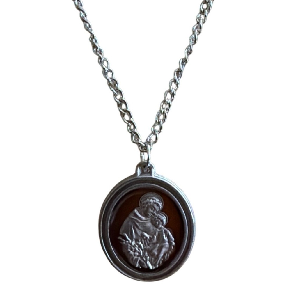Saint Anthony Pray For Us Religious Medal Pendant Necklace Silver Tone